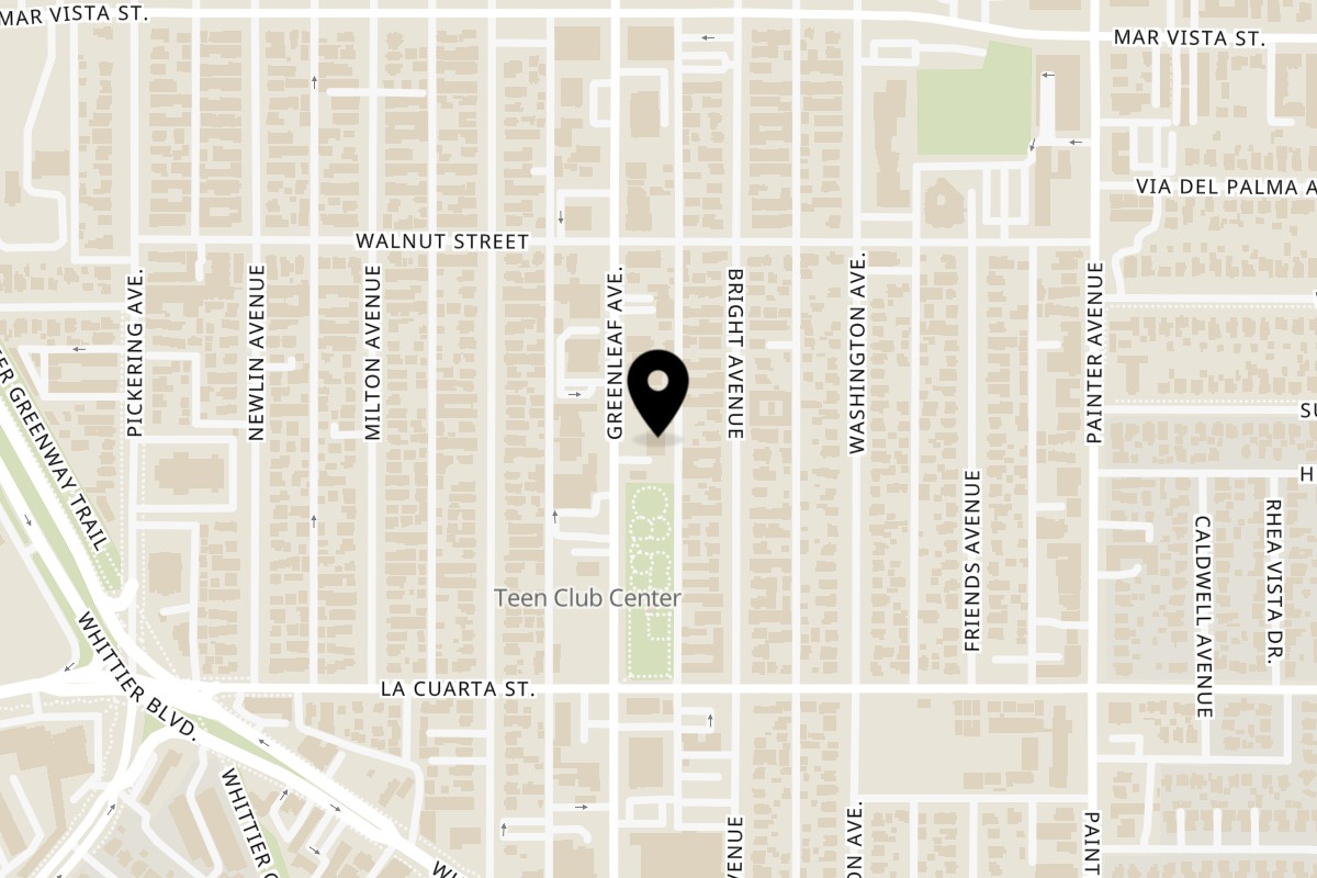 Map showing the location of The Green Leaf Thai Cuisine on 7756 Greenleaf Ave in Whittier